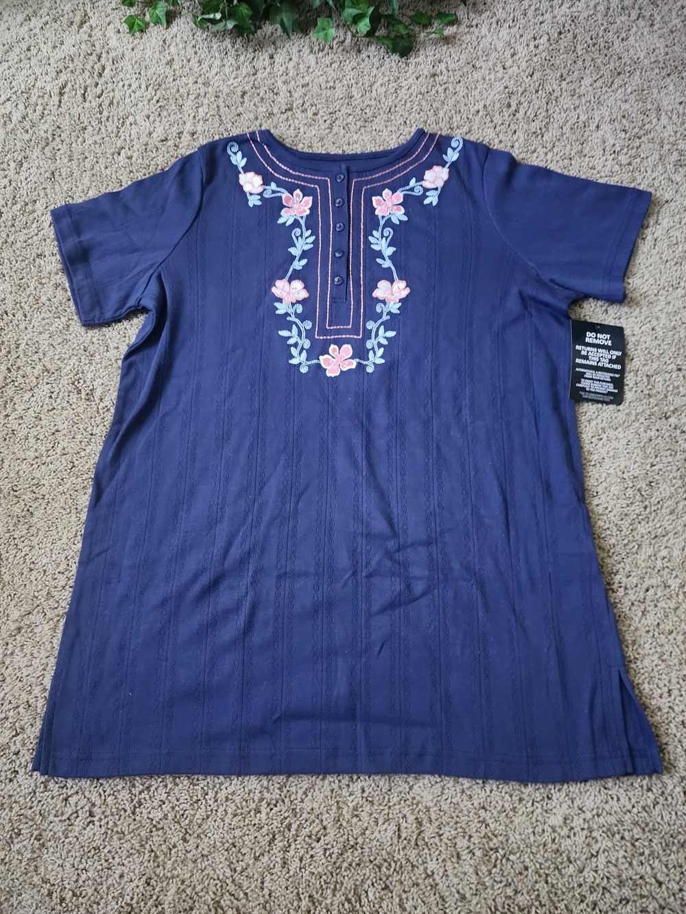 Woman Within Navy Blue Embroidered Short Sleeve Tunic Top